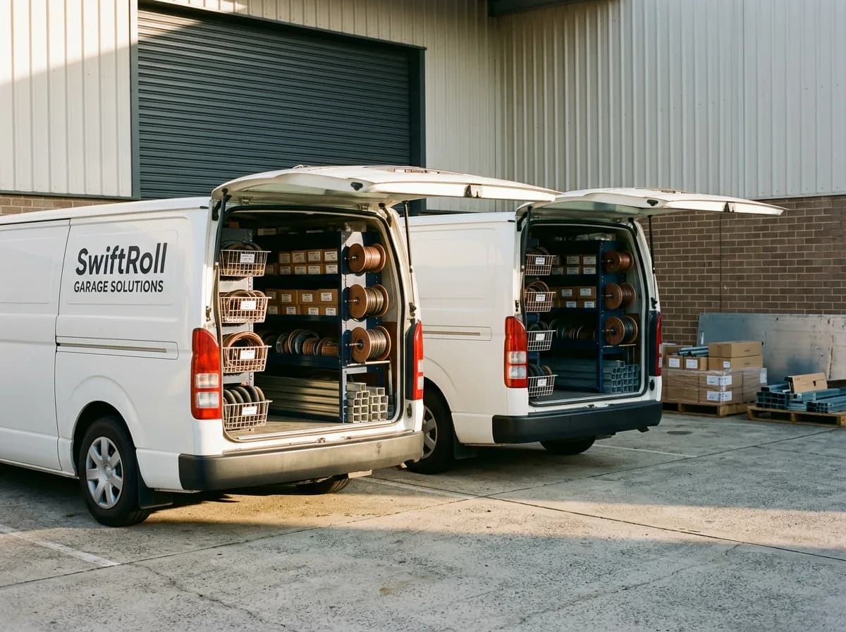 SwiftRoll service vans loaded with springs, rollers and guide sections at the Beckenham dispatch base