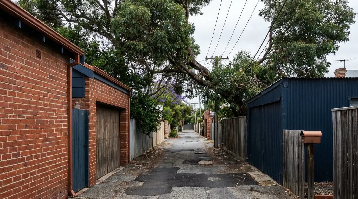 Rear-laneway garage behind a Federation home in Perth's inner suburbs, showing restricted headroom