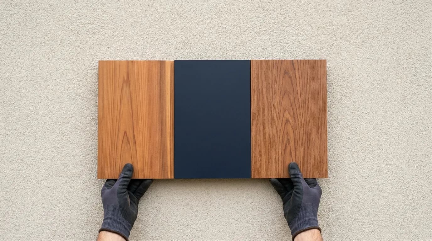 Cedar, aluminium and powder-coated steel garage door samples held against a Perth home's cladding