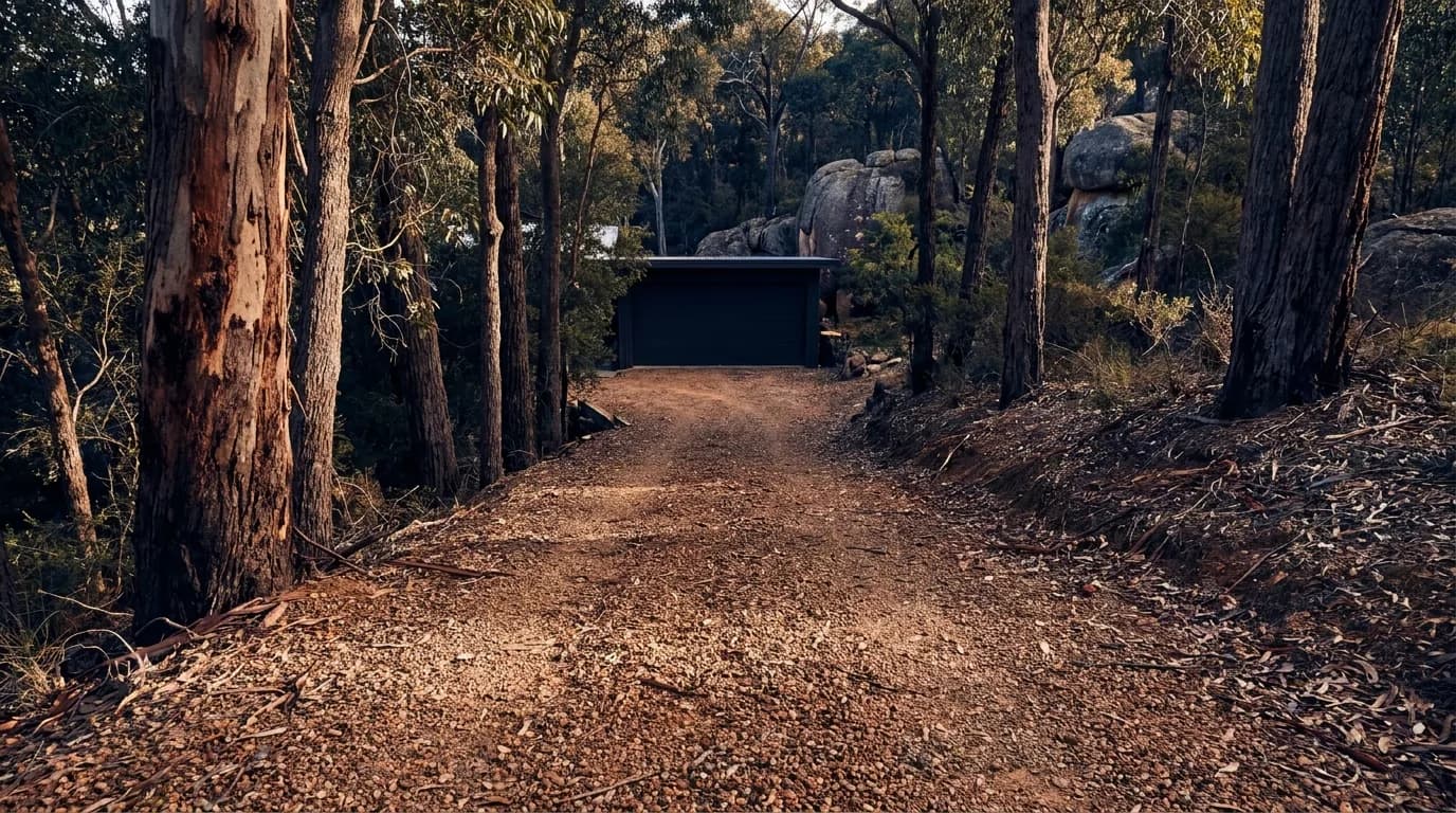 Steep unsealed driveway running down to a garage on a Perth Hills bush block