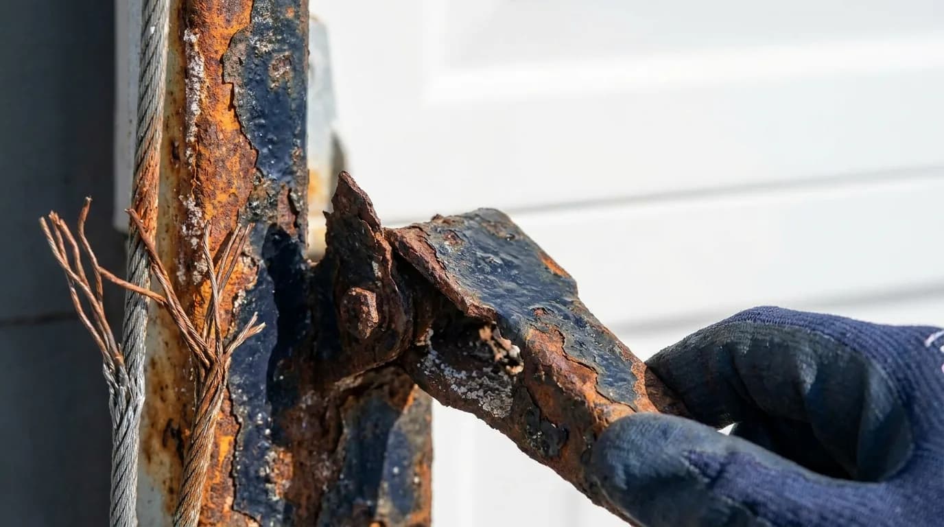 Corroded flag bracket and cable end on a coastal Perth garage door, powder-coated face still intact