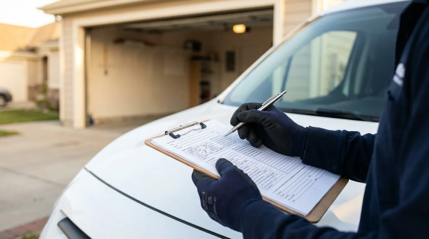 Technician completing a written garage door condition report on a Perth driveway