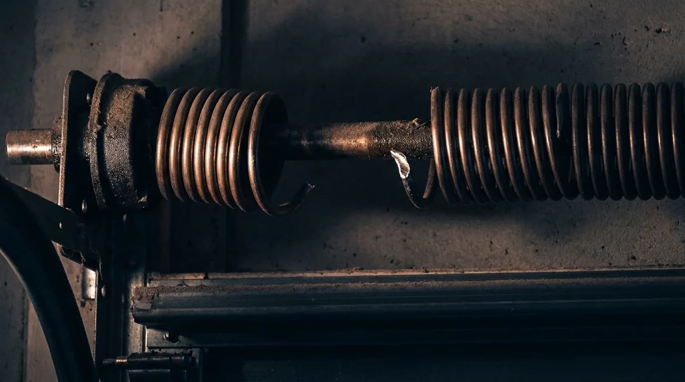 Broken torsion spring showing the gap in the coil above a garage door