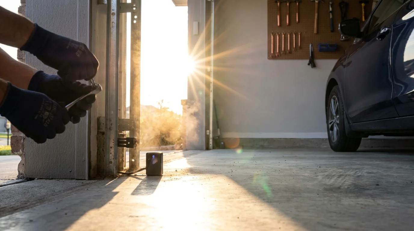 Low summer afternoon sun striking a garage door safety beam sensor near the floor