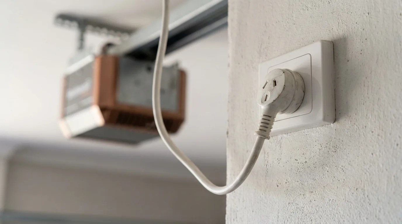 Garage door motor plugged into an existing power point, the distinction that decides whether an electrician is required