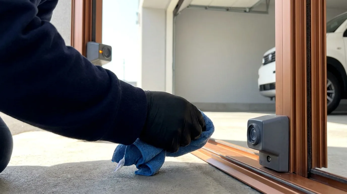Garage door safety beam sensor being wiped clean and realigned at floor level
