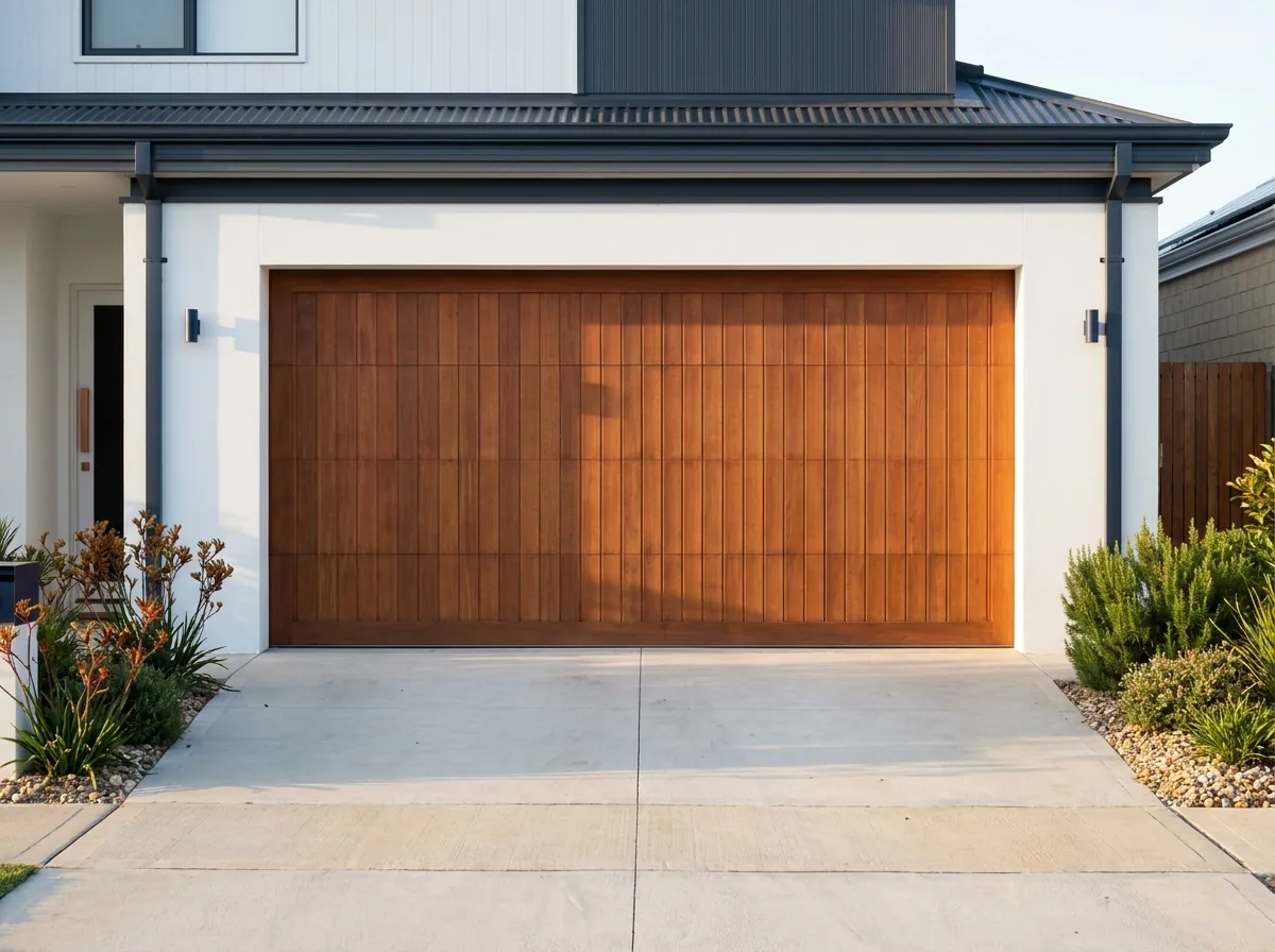 Western Red Cedar sectional garage door on a contemporary Perth street elevation