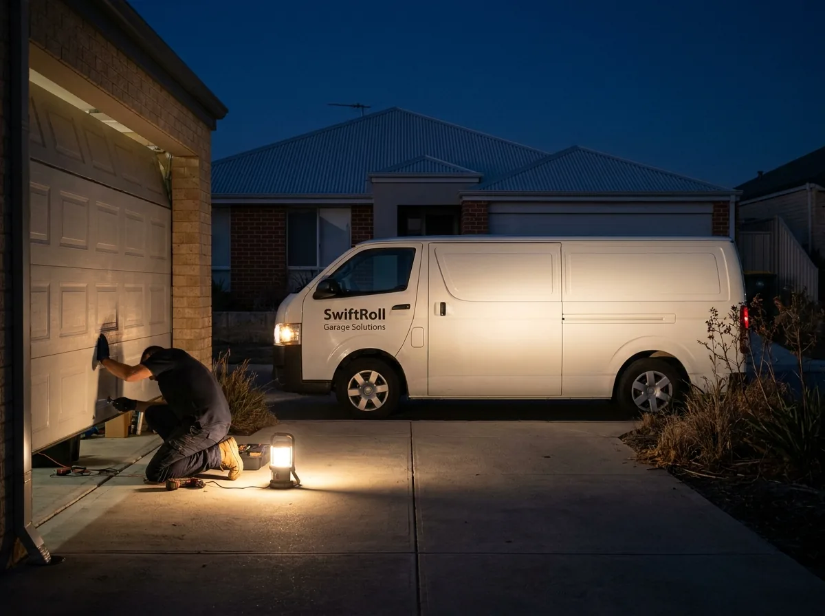 Technician securing a garage door opening after hours, van headlights lighting the driveway