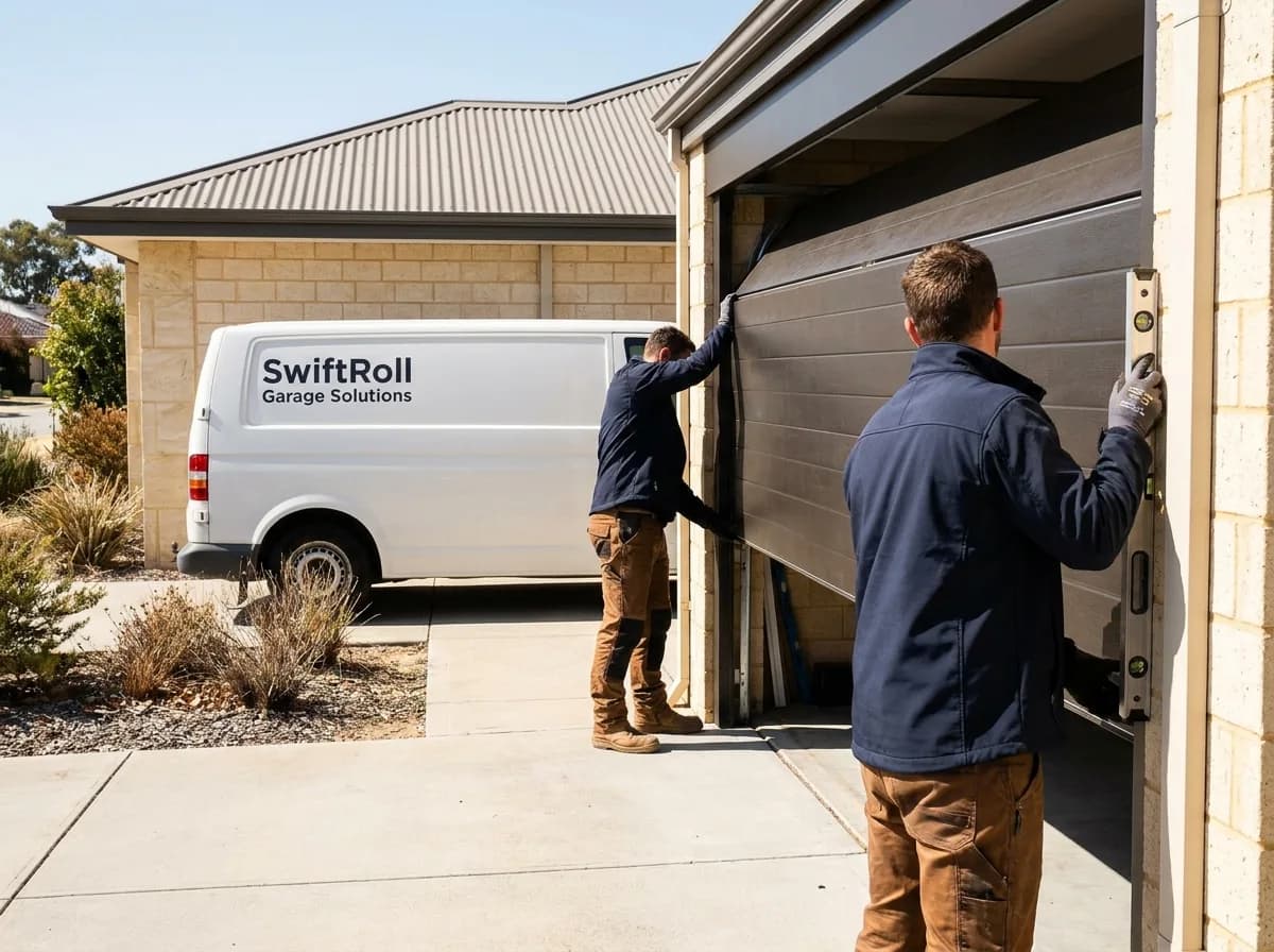 New sectional garage door being fitted square into a measured opening on a Perth home