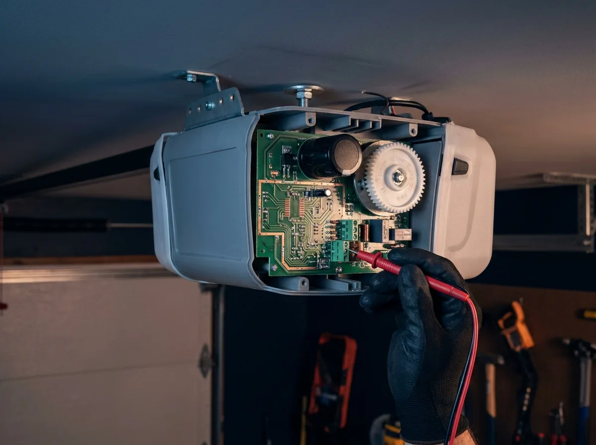 Garage door motor head opened for diagnosis, showing the drive gear and control board