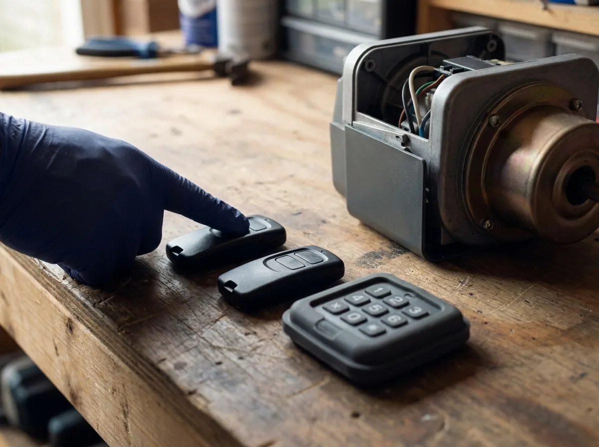 New garage remote handsets and a wireless keypad being paired at a Perth garage