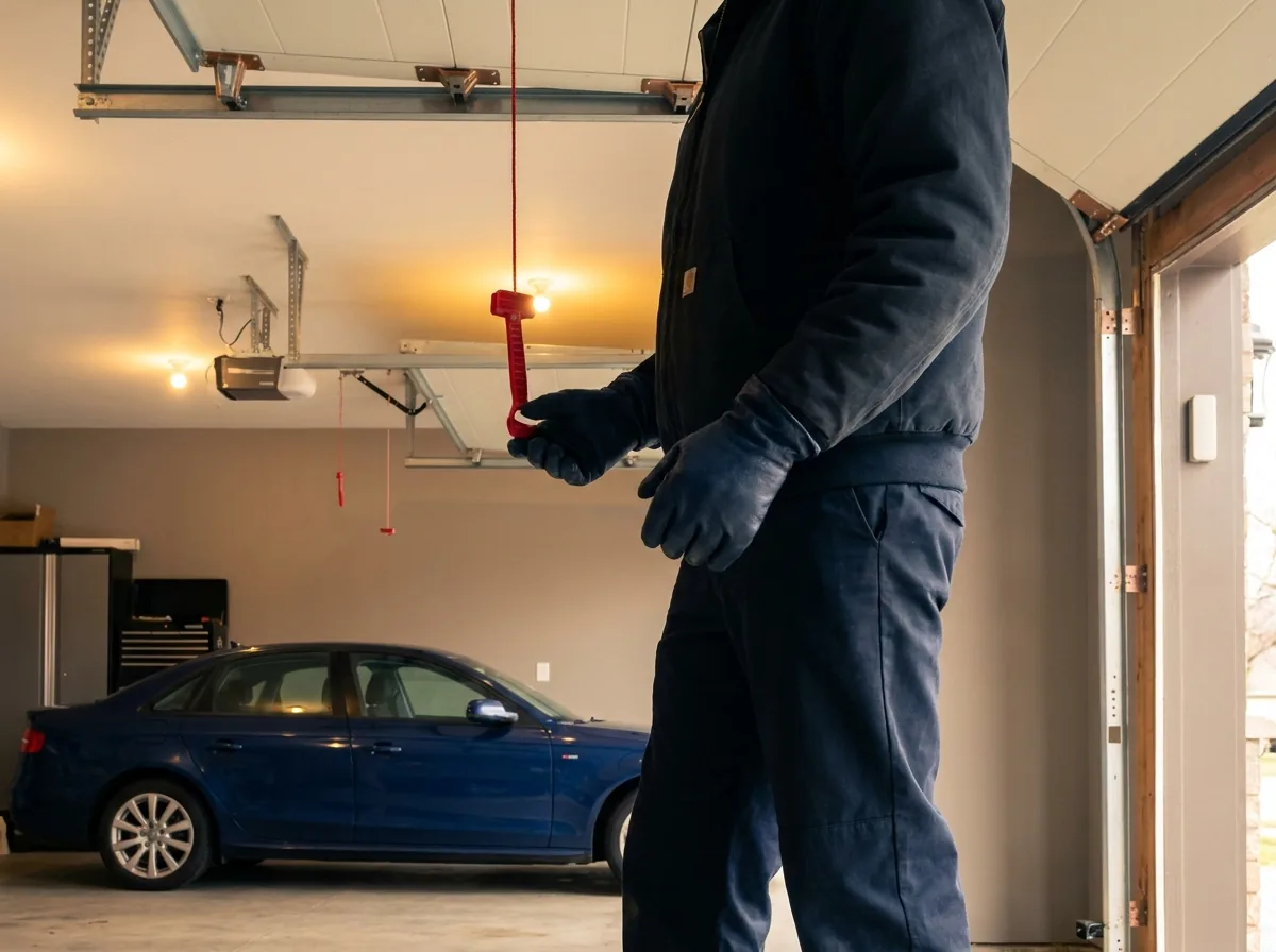 Technician testing a garage door by hand to check its balance before diagnosing the fault