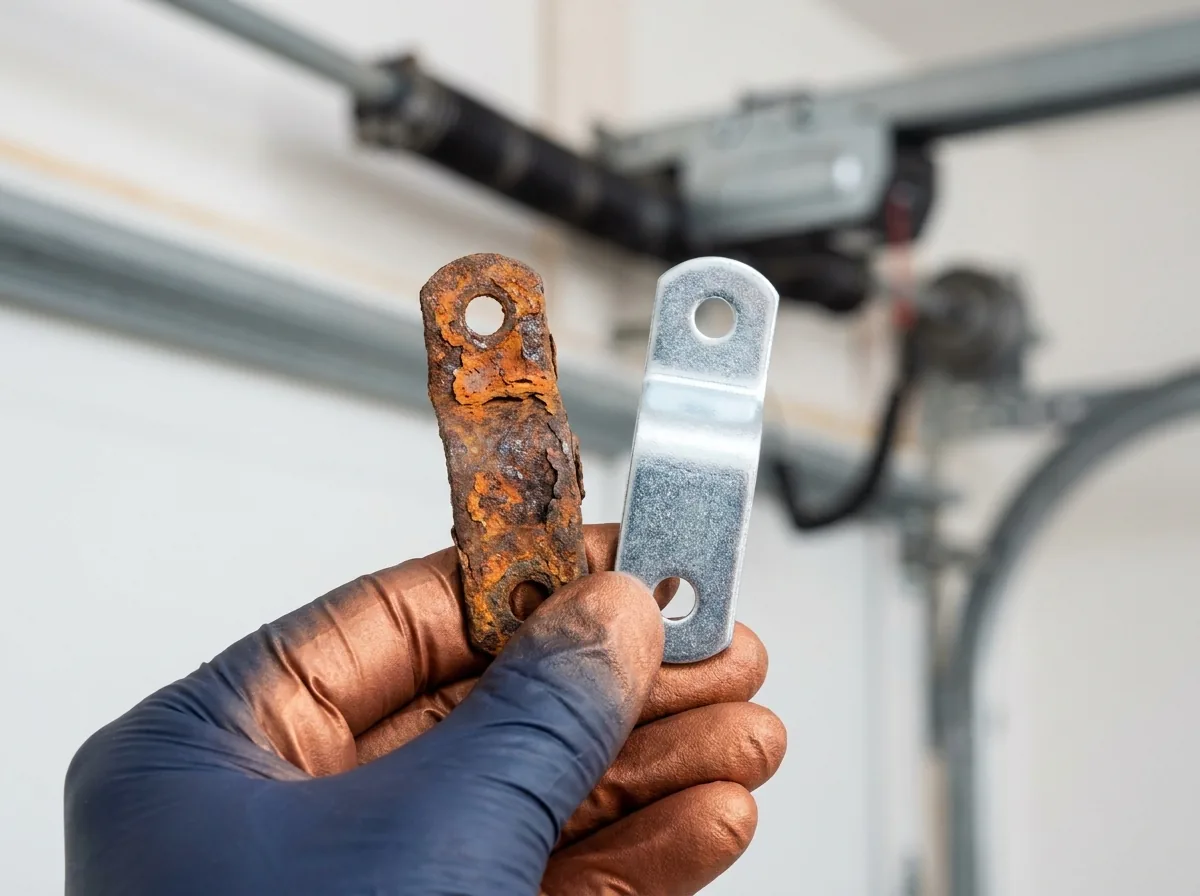 Multi-point garage door service in progress, corroded bracket held up beside its replacement