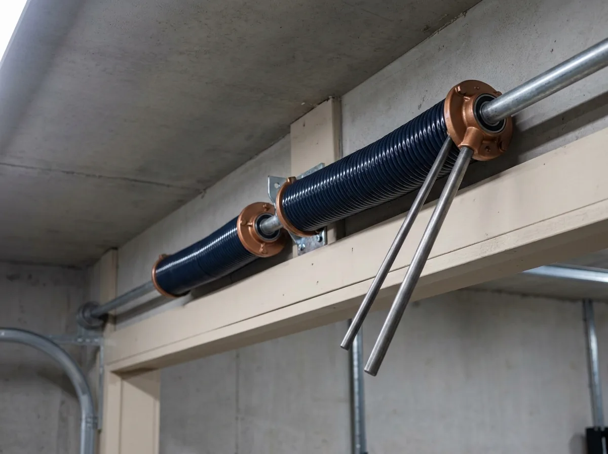 Matched pair of new torsion springs on the shaft above a garage door, winding bars in place