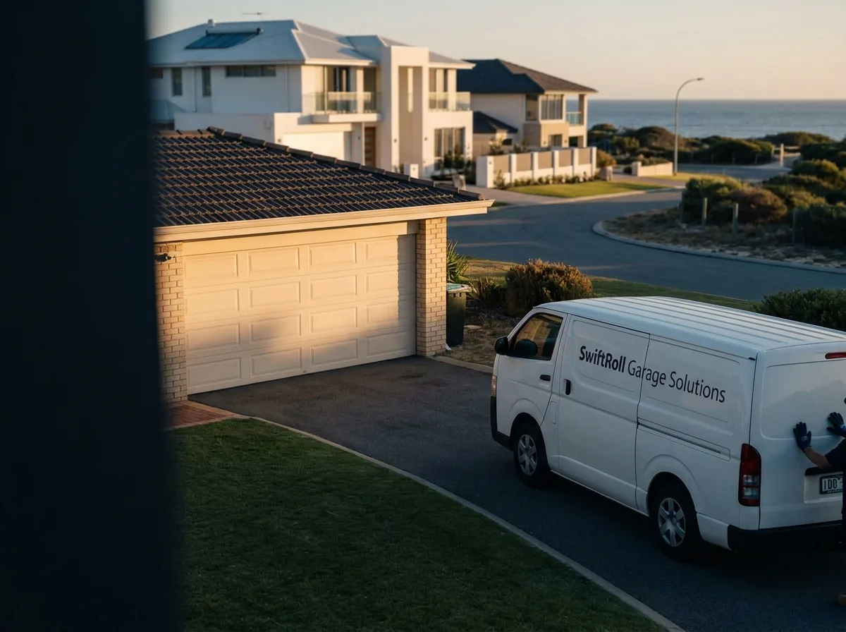 Residential garage door on a street in City Beach, Perth — the door stock SwiftRoll services locally
