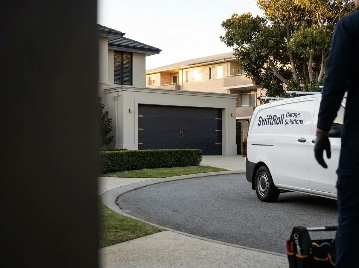 Residential garage door on a street in Crawley, Perth — the door stock SwiftRoll services locally