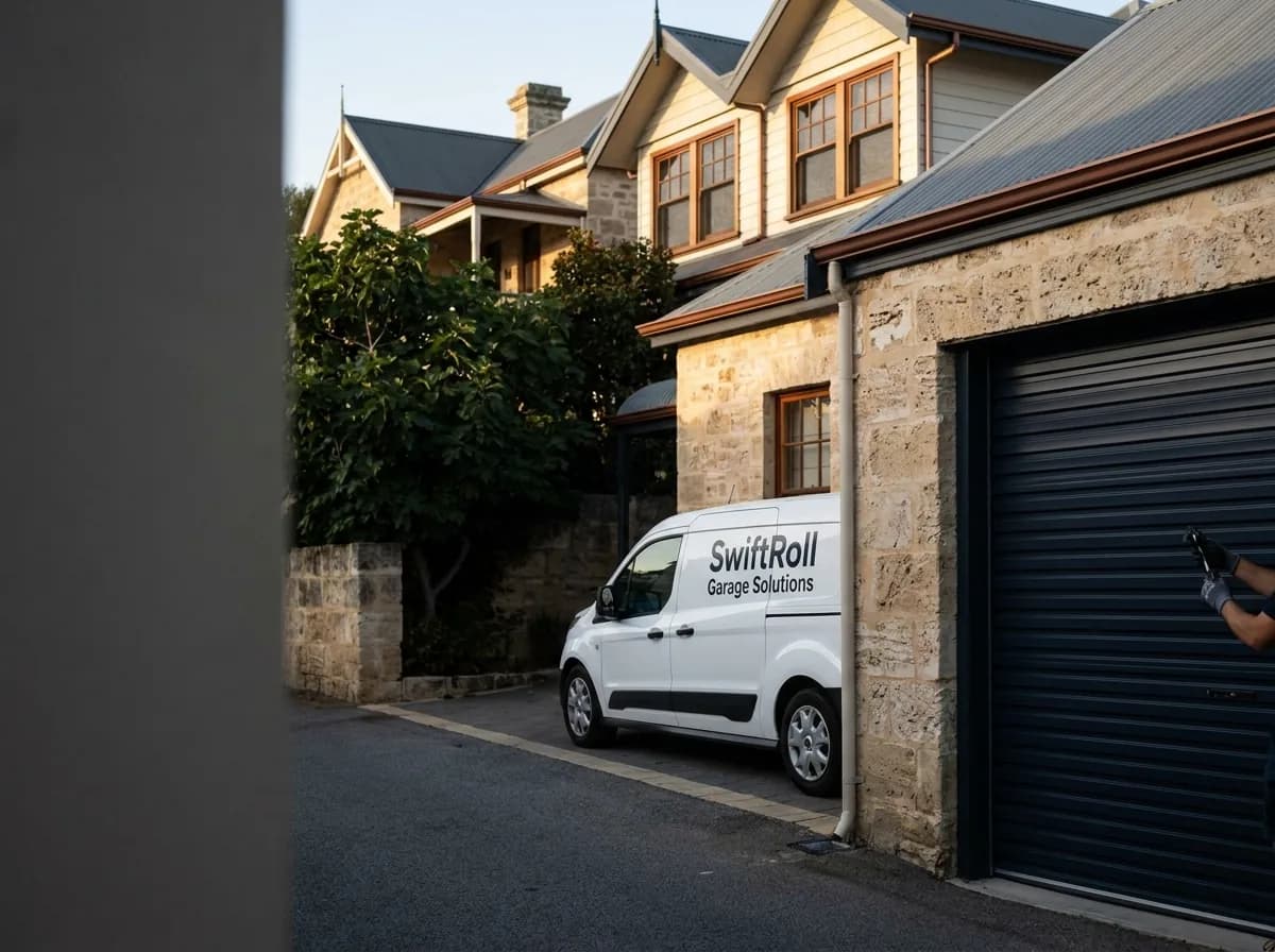 Residential garage door on a street in East Fremantle, Perth — the door stock SwiftRoll services locally