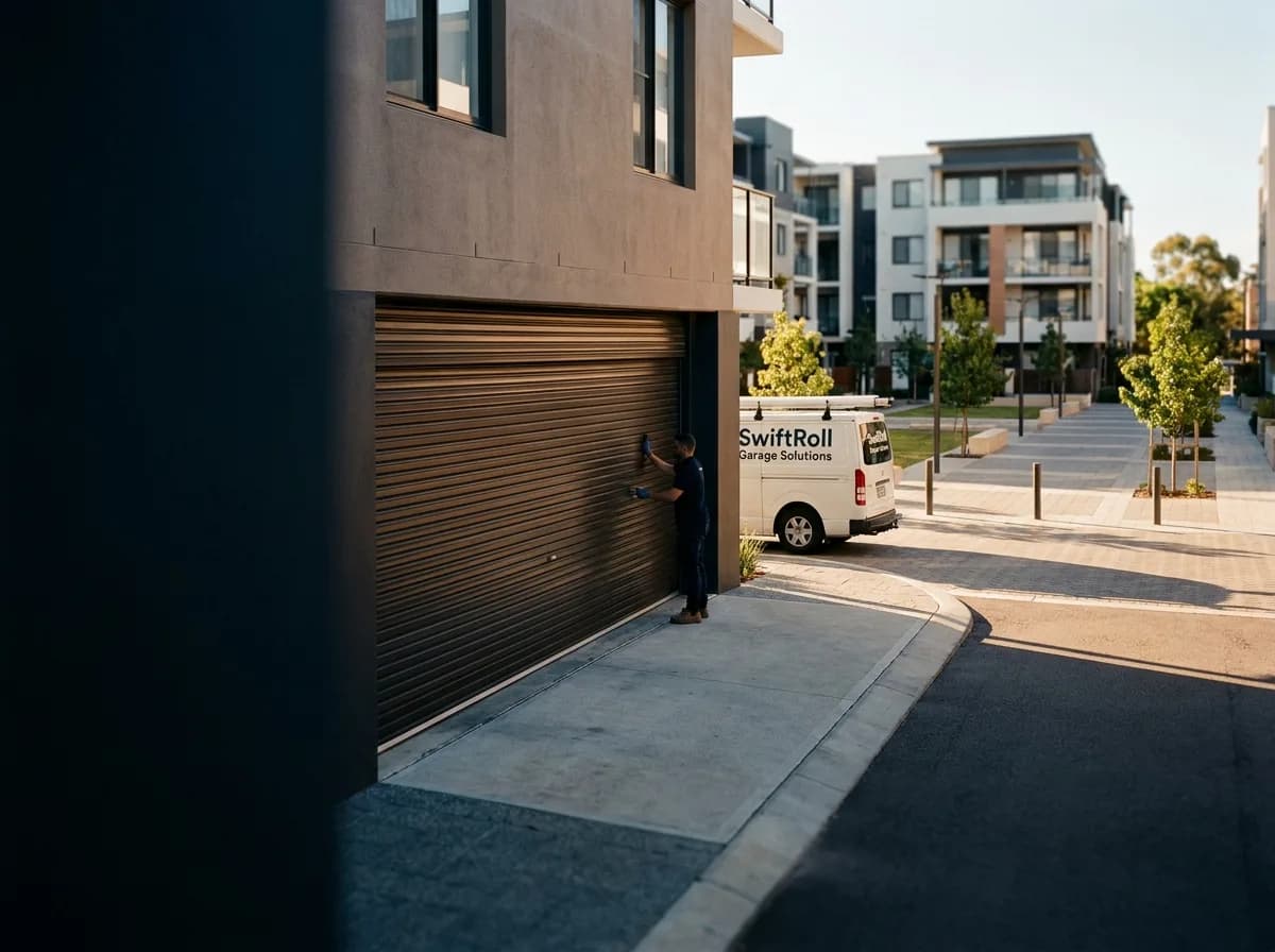 Residential garage door on a street in East Perth, Perth — the door stock SwiftRoll services locally