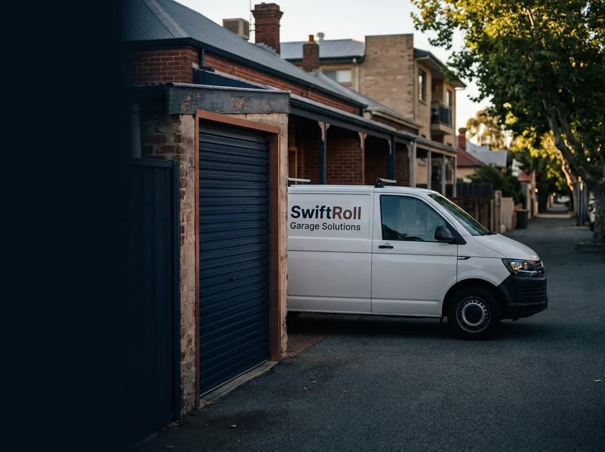 Residential garage door on a street in Highgate, Perth — the door stock SwiftRoll services locally