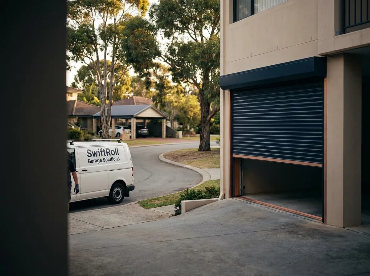 Residential garage door on a street in Karawara, Perth — the door stock SwiftRoll services locally