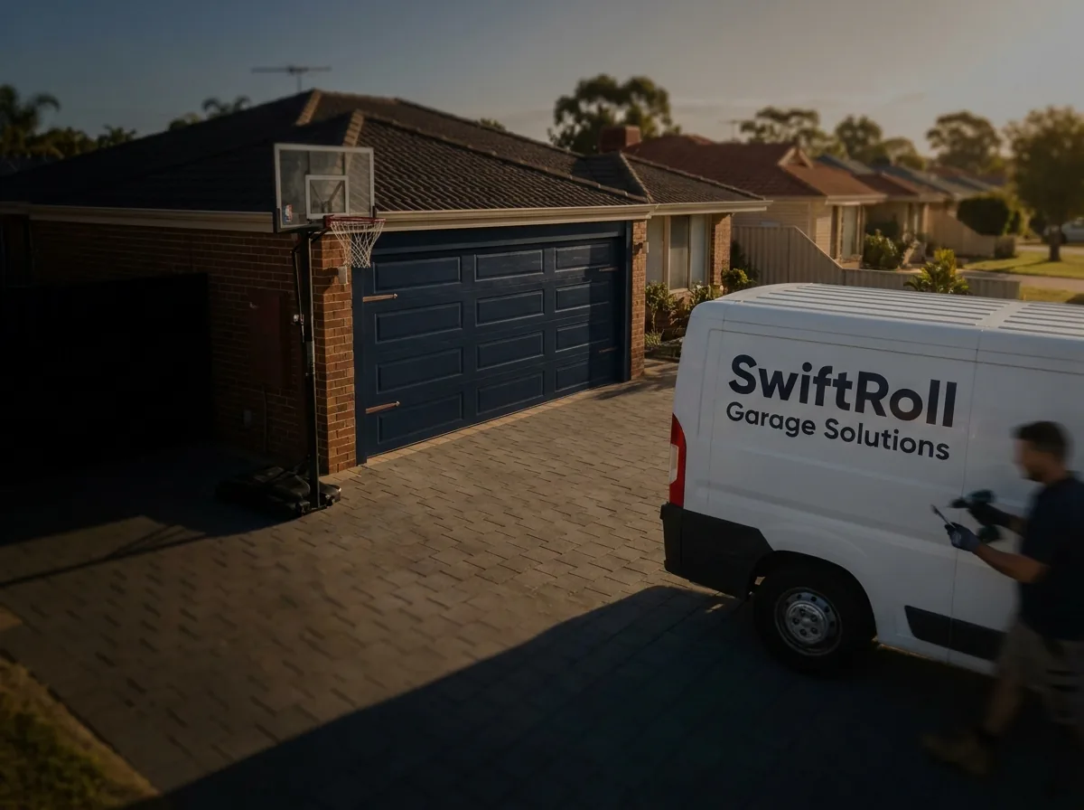 Residential garage door on a street in Leeming, Perth — the door stock SwiftRoll services locally