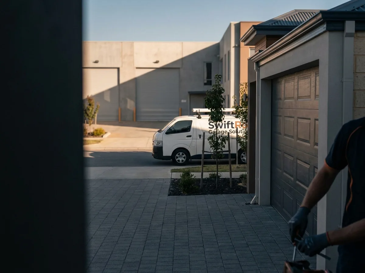Residential garage door on a street in Malaga, Perth — the door stock SwiftRoll services locally