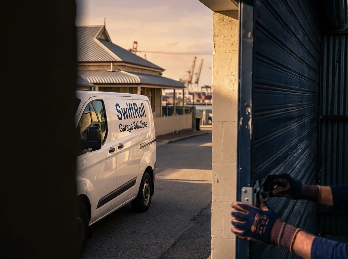 Residential garage door on a street in North Fremantle, Perth — the door stock SwiftRoll services locally