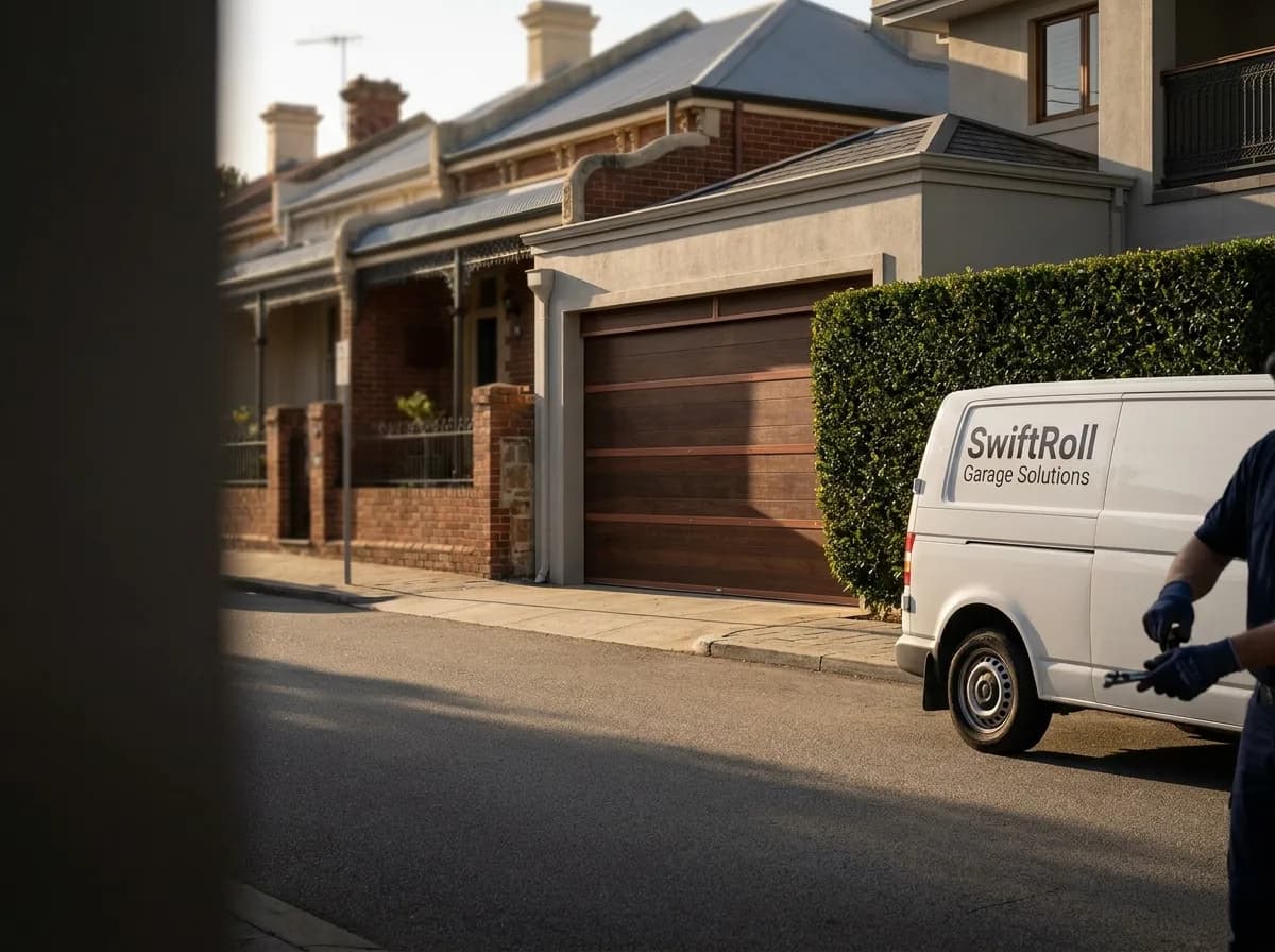 Residential garage door on a street in Subiaco, Perth — the door stock SwiftRoll services locally
