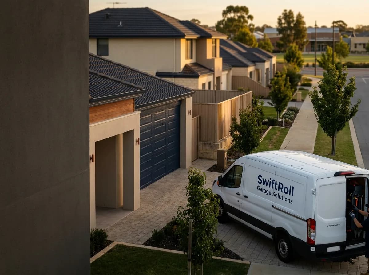 Residential garage door on a street in Success, Perth — the door stock SwiftRoll services locally